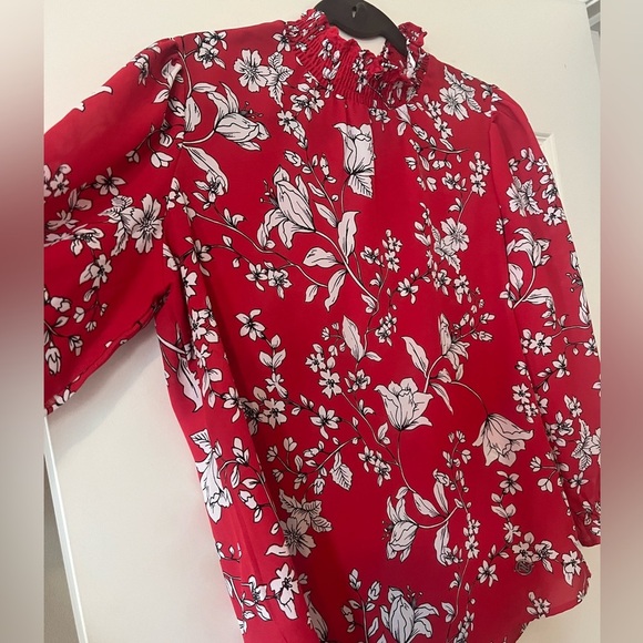 Adrienne Vittadini Rich Red Floral Chiffon Semi Sheer Long Sleeve Blouse SZ S - Picture 7 of 16